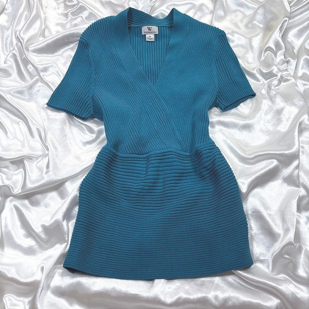Vintage Worthington Wrap Top Teal Excellent Ribbed Knit V-Neck Short Sleeve M